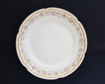 French Vintage CH Field Haviland Limoges 7.5 Inch Dessert Plates, Set of 4,  Pink Flowers, Green Leaves, Embossed Rim