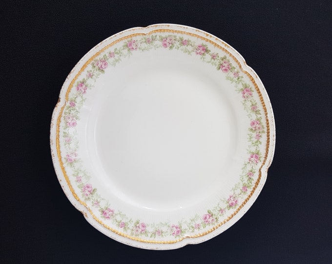French Vintage CH Field Haviland Limoges 7.5 Inch Dessert Plates, Set of 4,  Pink Flowers, Green Leaves, Embossed Rim