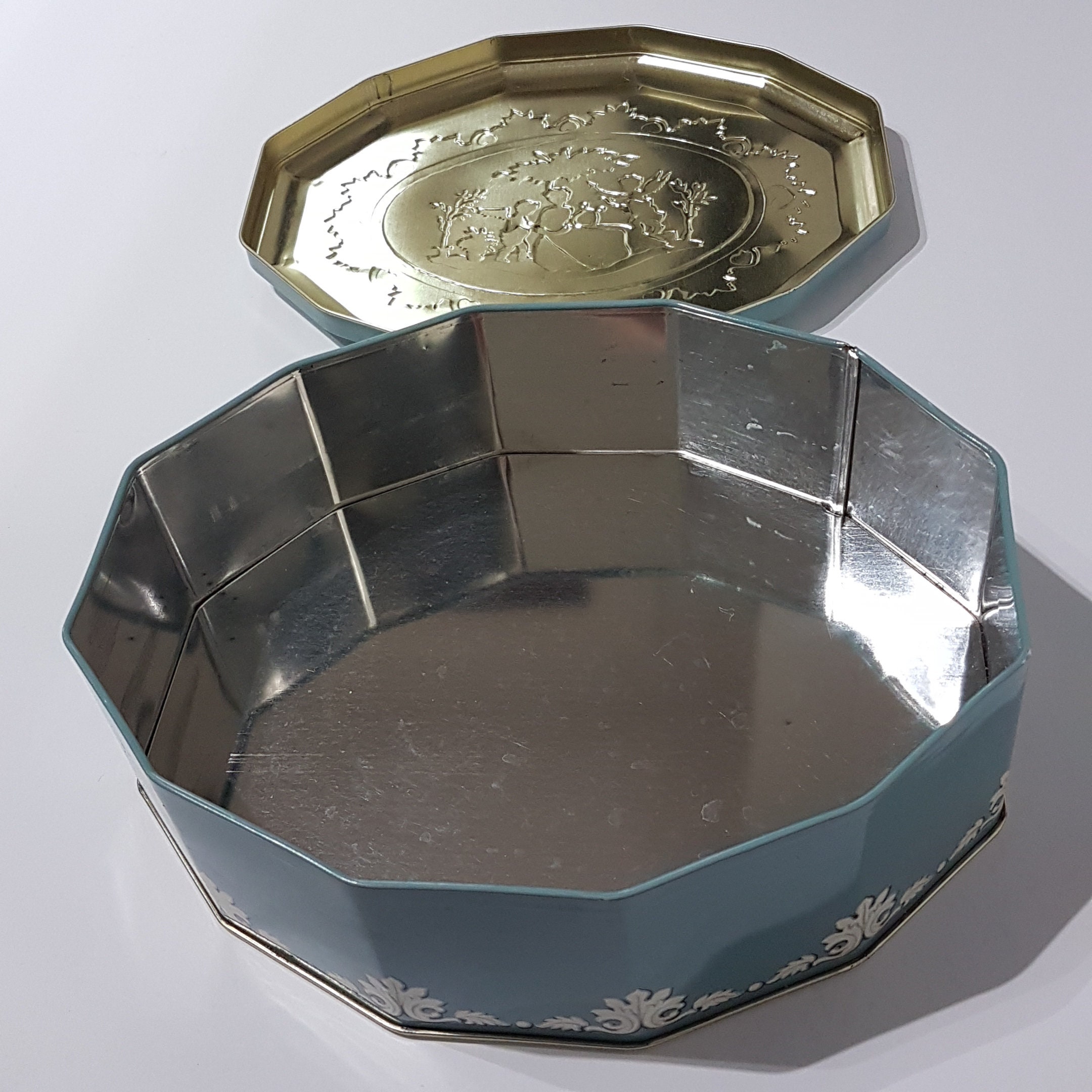 Vintage Gray Dunn Biscuit Tin, Wedgewood Style Embossed with Cherubs