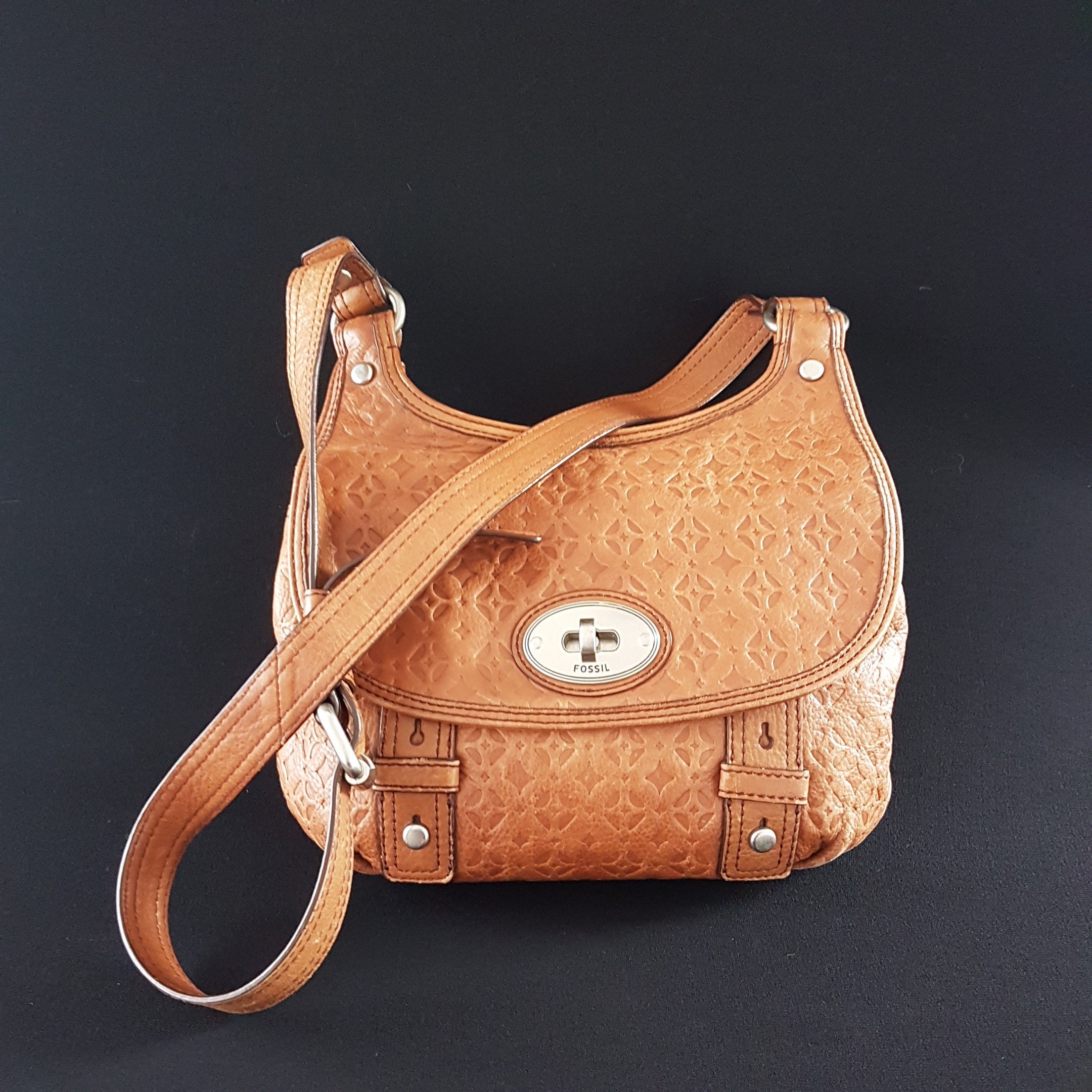 Vintage FOSSIL Maddox Leather Shoulder Bag, Stamped Brown Leather