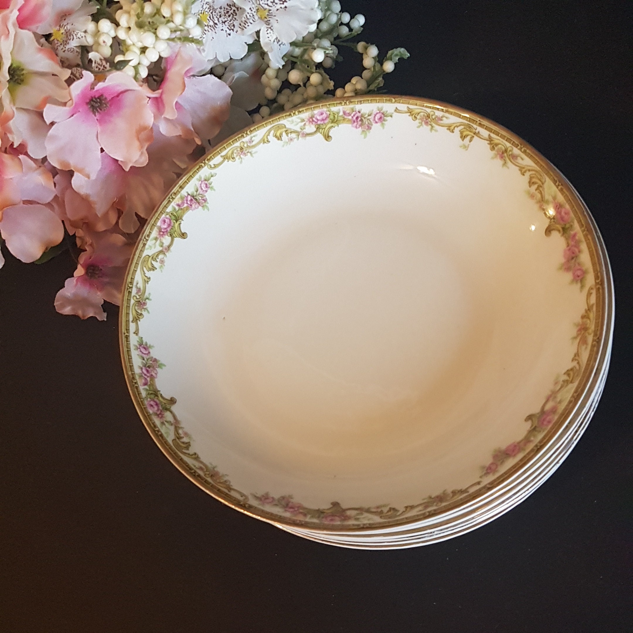 Antique T&V Limoges, Set of 6 Coupe Cereal Soup Bowls, Tressemann and