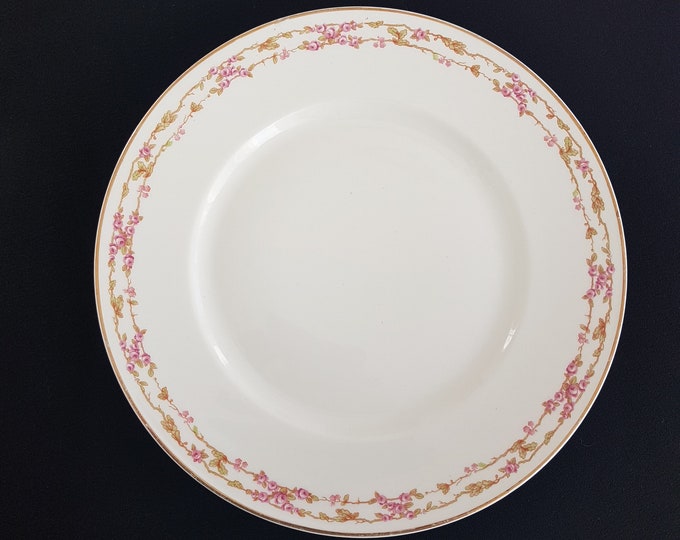 Bernardaud Limoges, Dinner Plates, 9.5 Inch, Set of 4, Pink Rose Vines on Rim, Pattern BER485, Made in France, 1900-1923