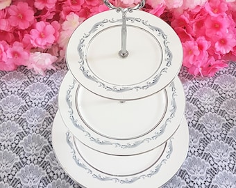 Elegant Gray & Silver 3-Tier Cake Stand - Handmade Aynsley Bone China Dessert Serving Tray