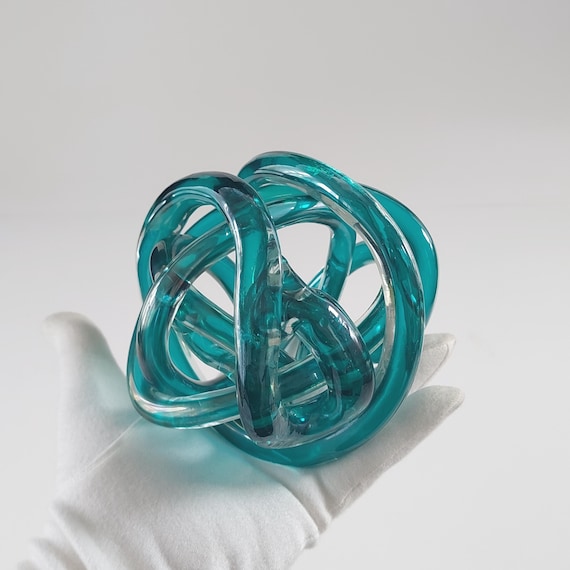 Murano Style Teal Glass Knot Sculpture 4-inch Hand Blown Infinity Paperweight