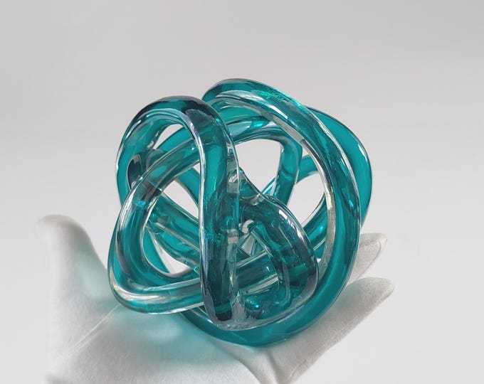 Murano Style Teal Glass Knot Sculpture 4-inch Hand Blown Infinity Paperweight
