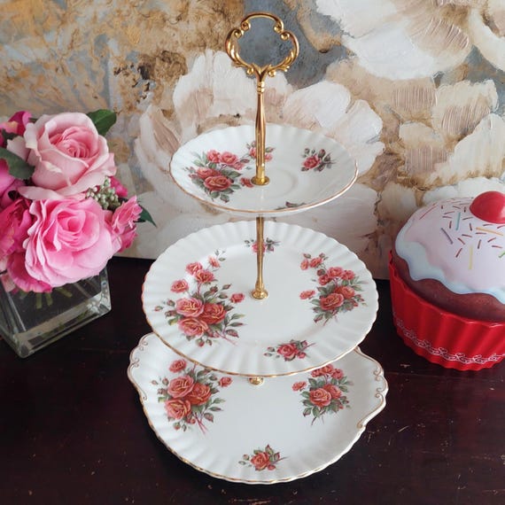 Handmade Royal Albert Centennial Rose 3 Tier Bone China Cake Stand Floral Serving Tray