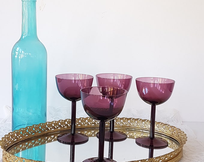 Set of 4 Vintage Purple Cordial Glasses, 2oz Liqueur Glasses, Small Wine Sherry Glasses