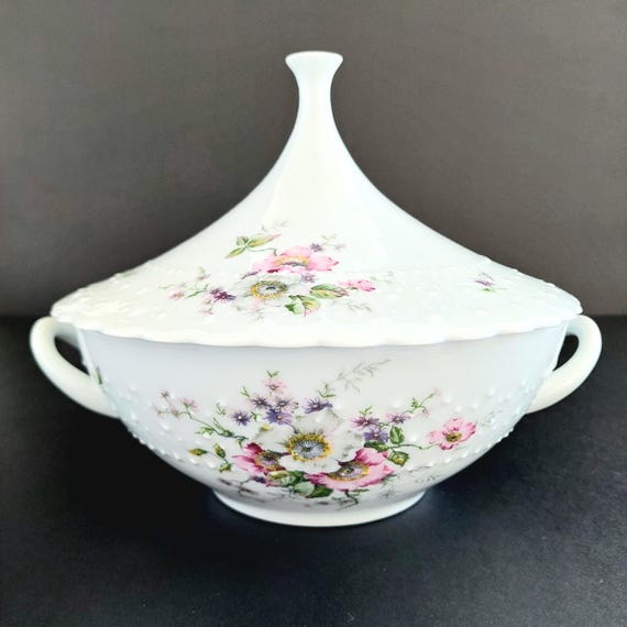 Georges Boyer Limoges Eglantine Hobnail Soup Tureen With Lid Pink Wild Rose 1950s