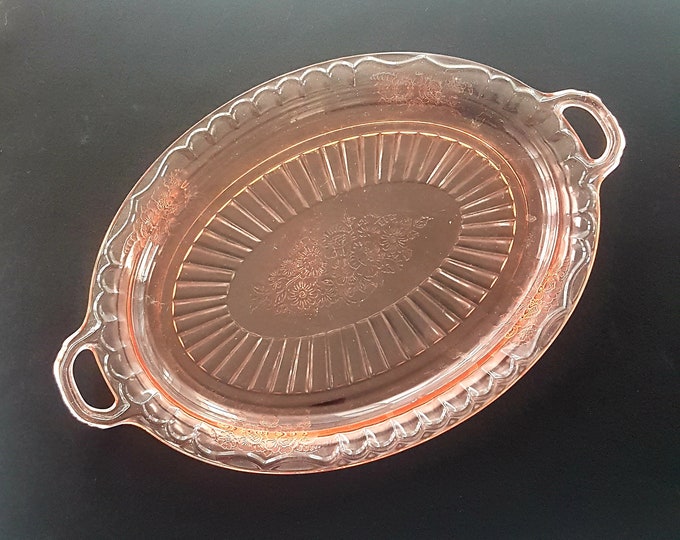 Anchor Hocking MAYFAIR OPEN ROSE Pink Depression Glass, 13.75 Inch Oval Platter with Handles, Vintage Pink Glass, 1930s