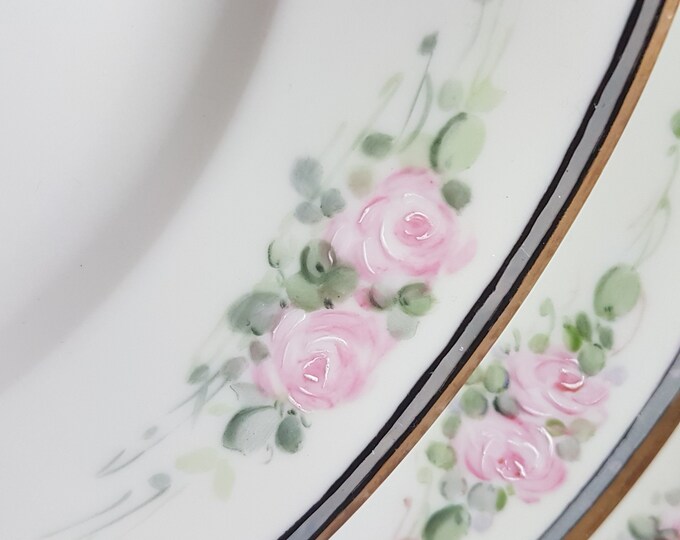 MZ Austria Dinner Plates, Sets of 2, Signed by Decorator, Hand Painted Pink Roses, Antique Porcelain Dinnerware, 1914