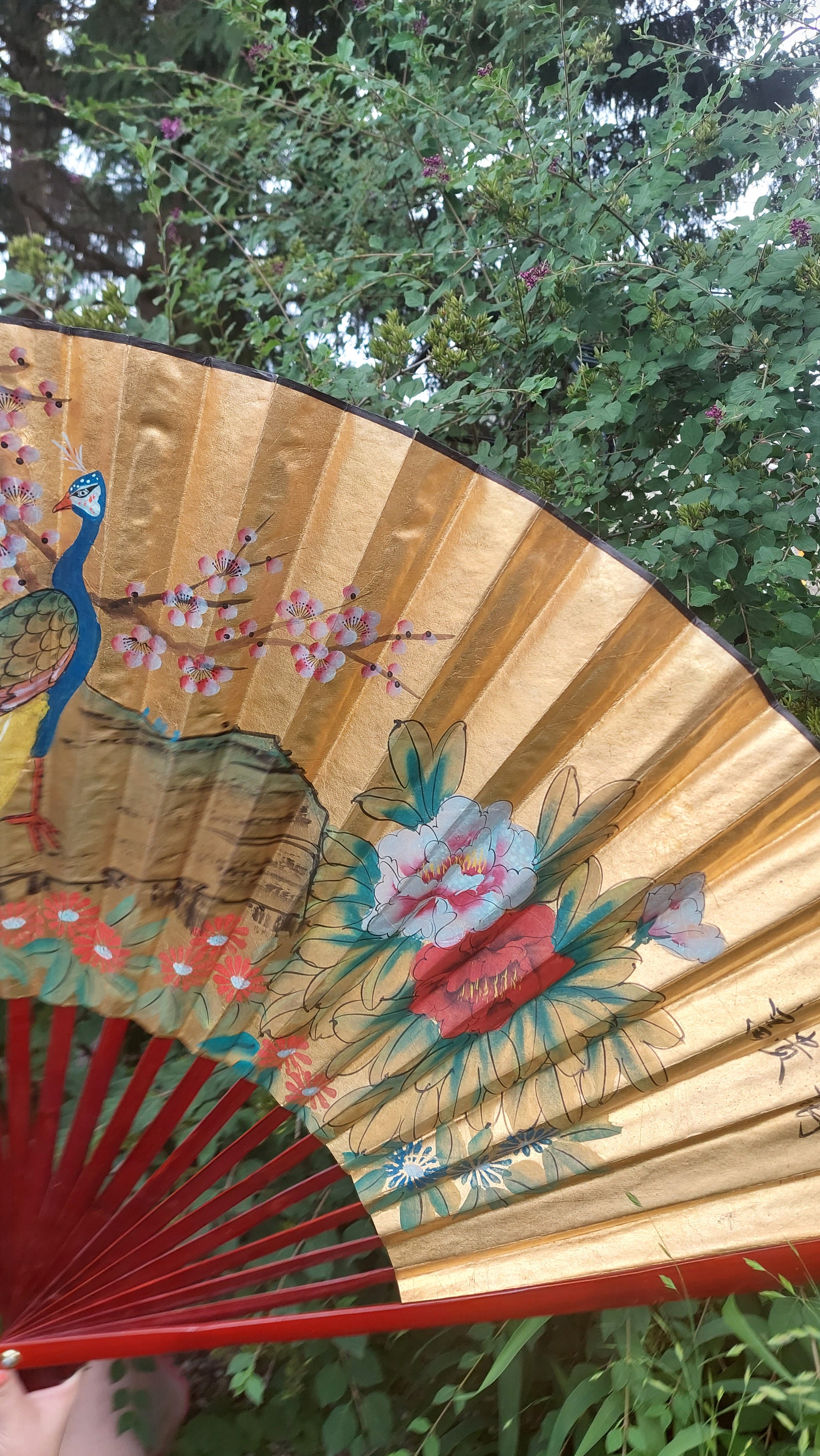 Vintage Large Japanese Decorative Wall Fan, Hand Painted Peacocks and