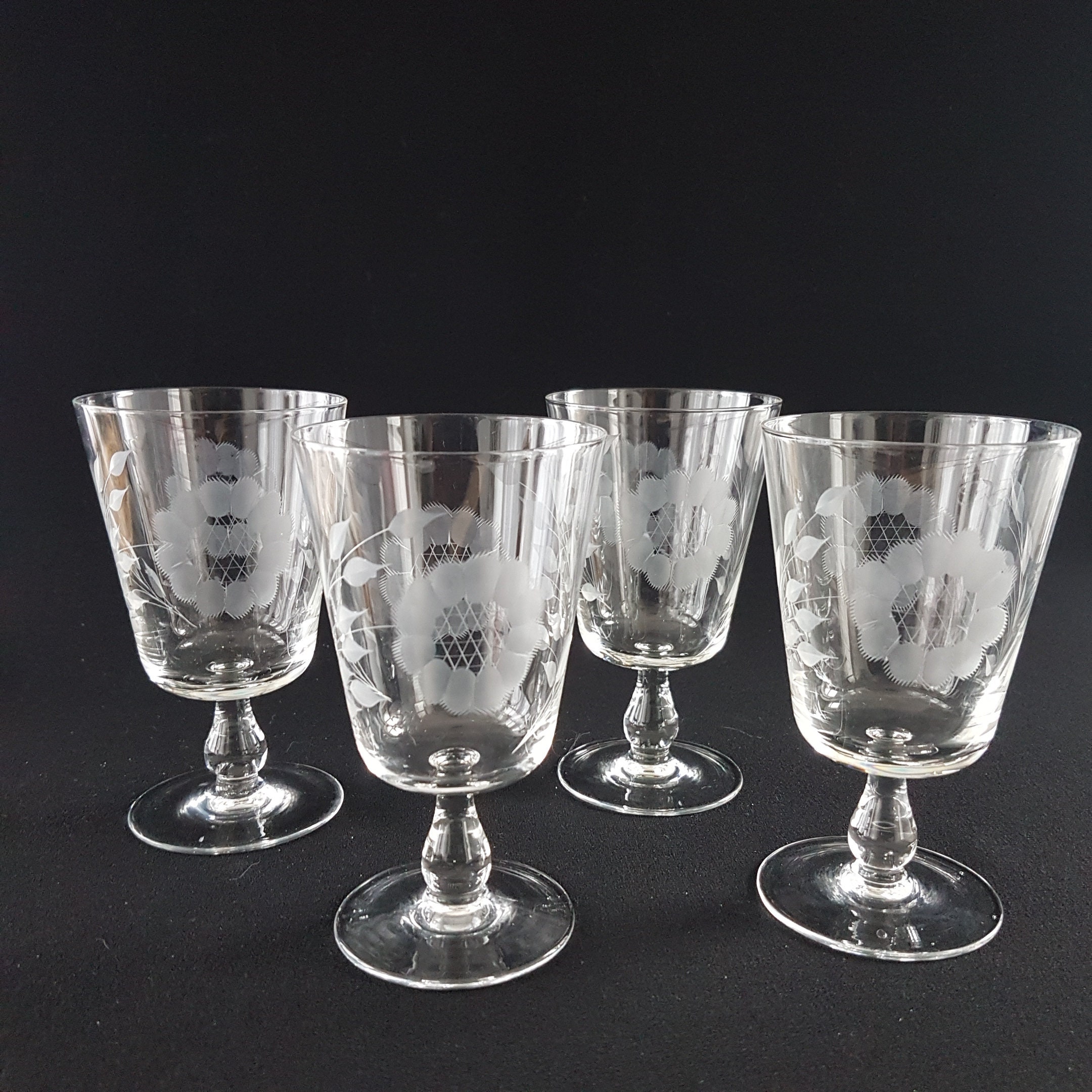 WJ Hughes Cornflower Crystal Water Glasses, Bulbous Stem, 8oz, Etched