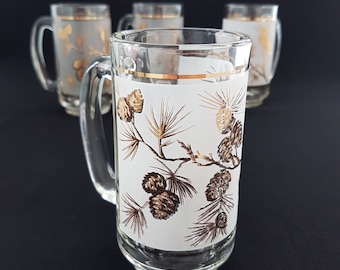 Vintage Frosted Pint Glasses with Gold Pine Cones - Set of 4 Dominion Libbey Beer Mugs (1960s)