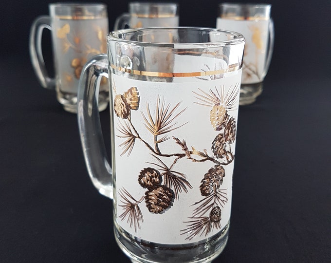Pint Glass Beer Mugs, Gold Pine Cones on Frosted Glass, Set of 4 Vintage Beer Glasses, Dominion Libbey Glass, 1960s