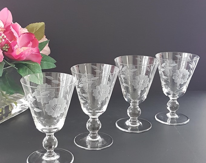 Vintage WJ Hughes Cornflower Crystal Water Glasses - Etched 12 Petal, Bulbous Stem, 8oz Set of 4