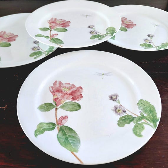 Set of 4 Vintage Corelle Camellia 10.25” Dinner Plates Floral Dragonfly Discontinued Replacement