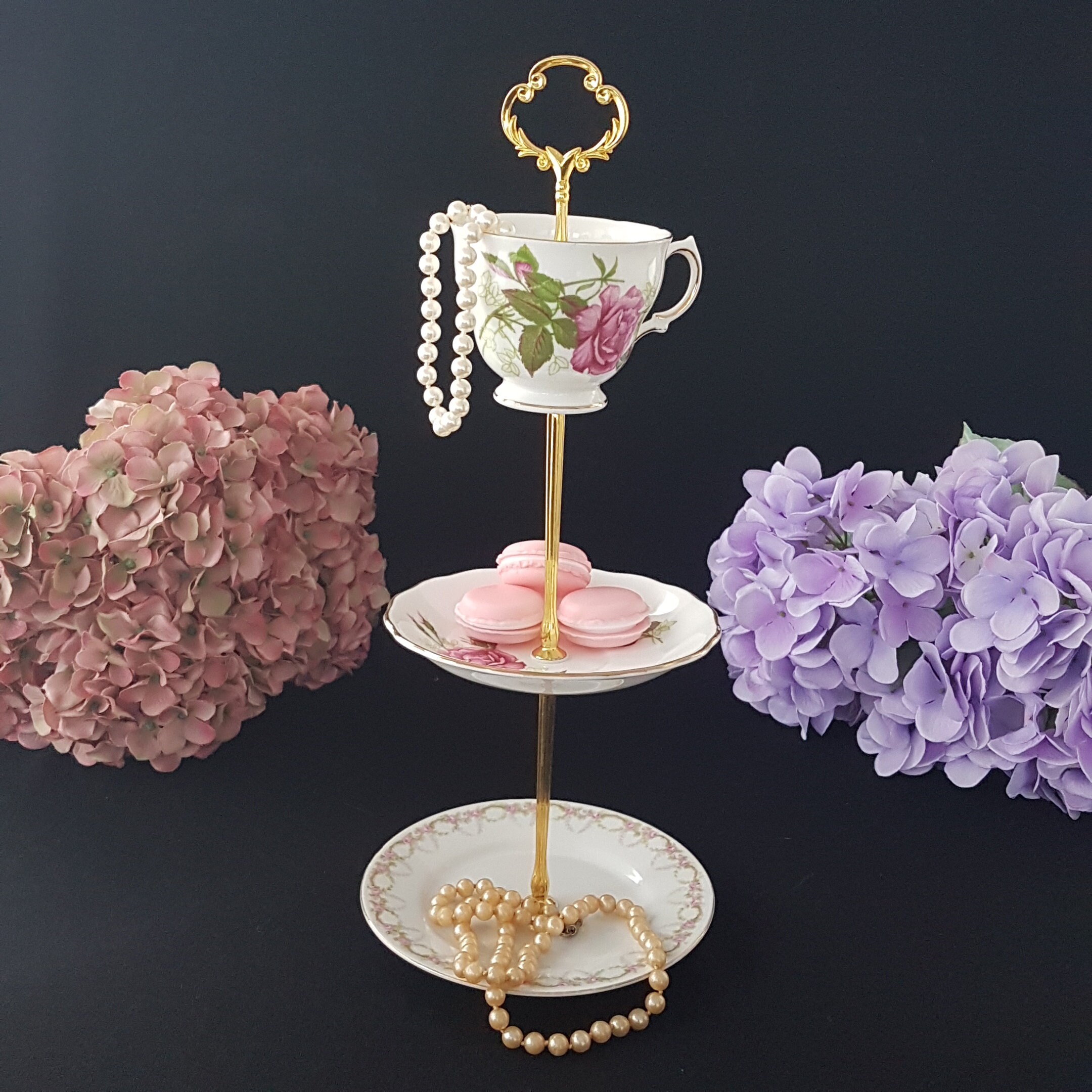 Upcycled Porcelain Tea Cup and Saucer Cake Stand, Small Shabby Chic Tiered Tray, Jewelry Trinket