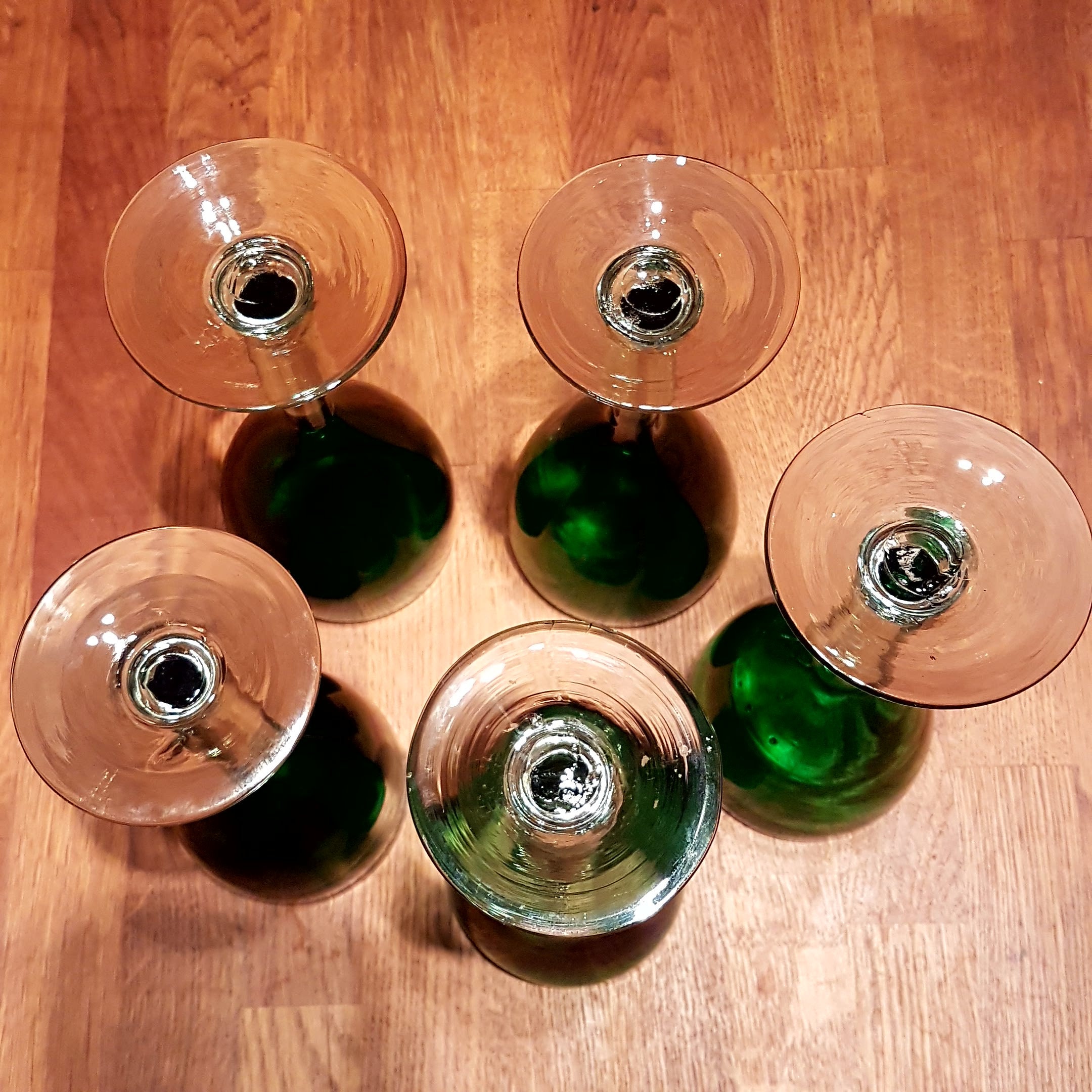 Set of 5 Green Hand Blown Wine Glasses