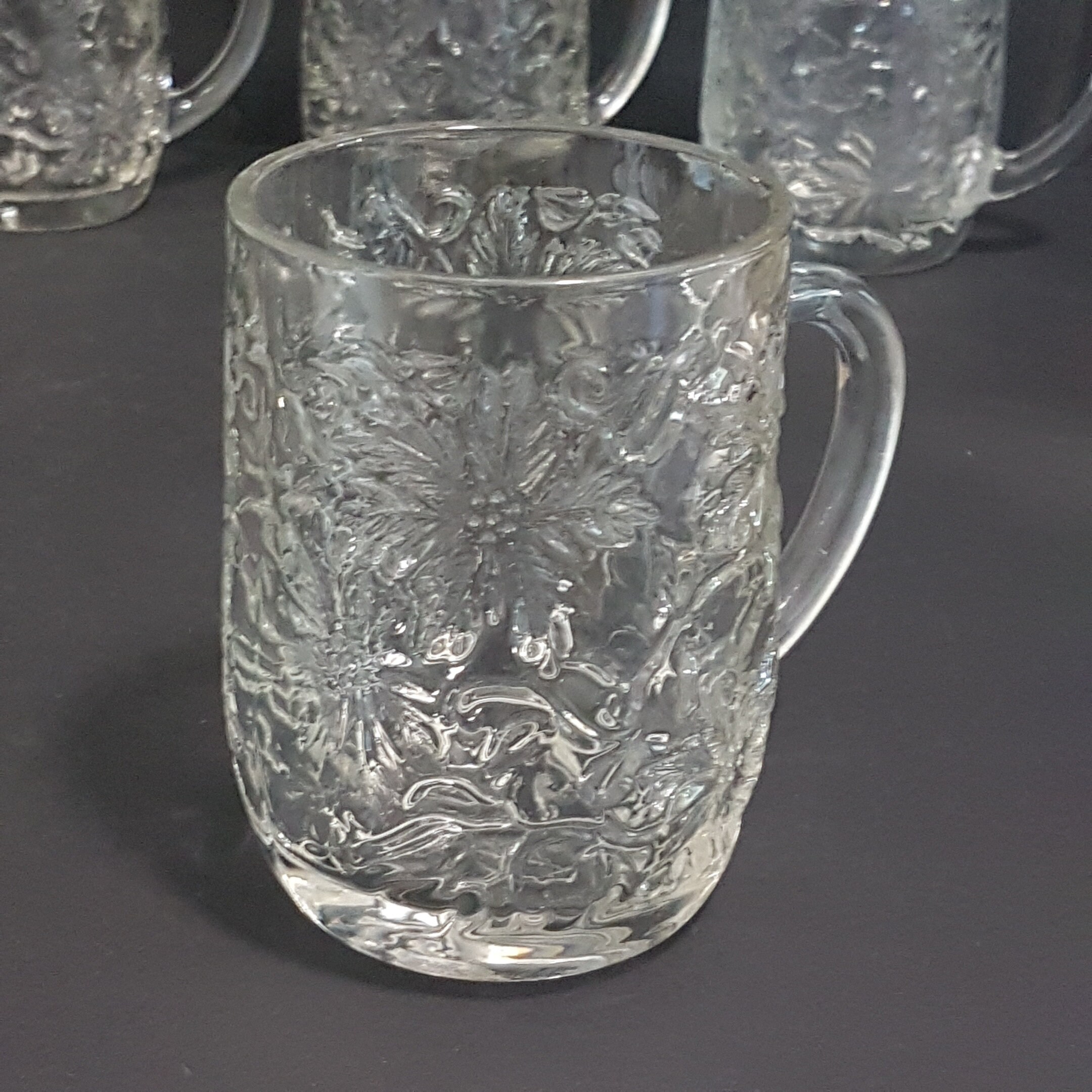 Vintage Princess House FANTASIA 4 Mug Set, Poinsettia Flower, Mid Century Glass Coffee Cup Set