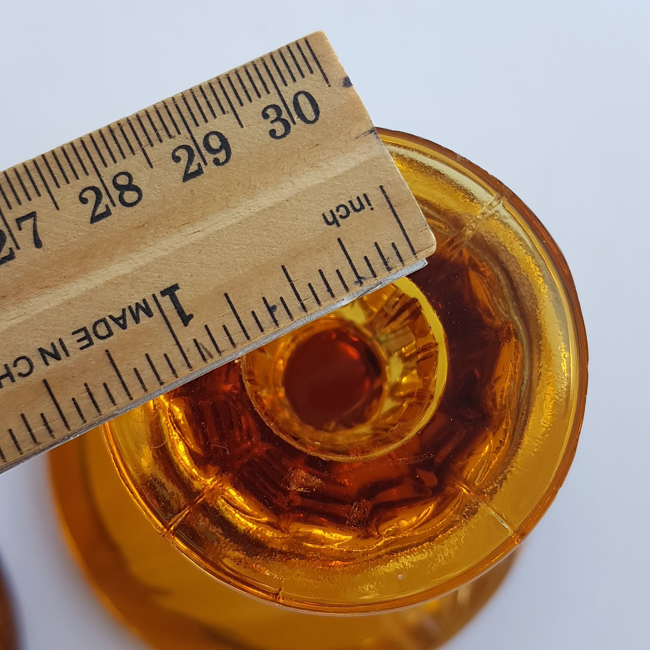 Amber Glass Candlesticks, Daisy Flower Stem, Bagley Glass, Made in USA