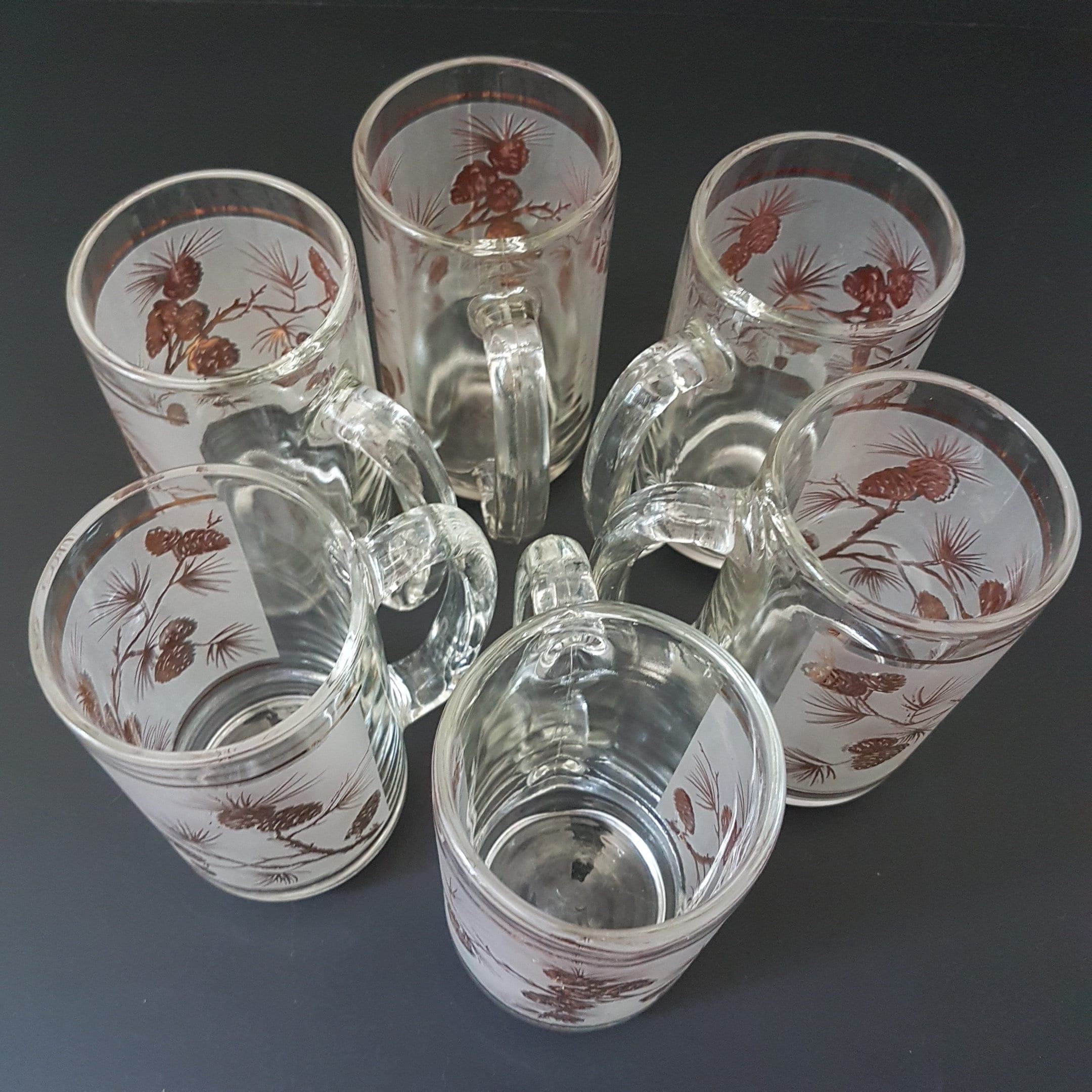 Glass Beer Mugs, Gold Pine Cones on Frosted Glass, Set of 6 Vintage Beer Glasses, Dominion
