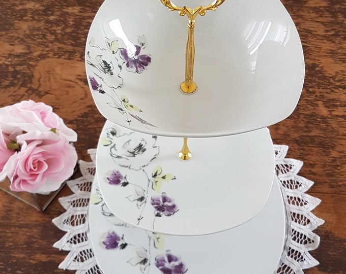 3 Tier Cake Stand with Bowl, PURPLE BLOOM by Gibson Designs, CHOICE of Gold or Silver, Afternoon Tea, Serving Tray