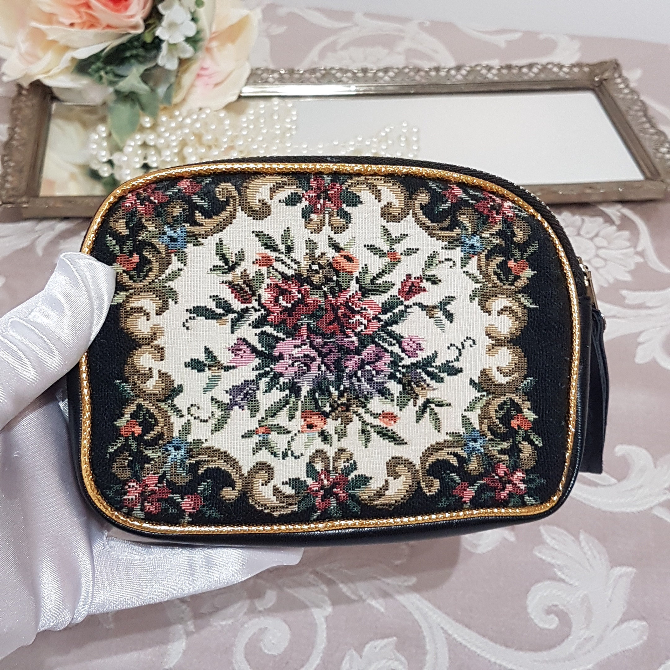 Romantic Floral Tapestry Evening Purse with Finger Strap, Hong Kong, 1960s
