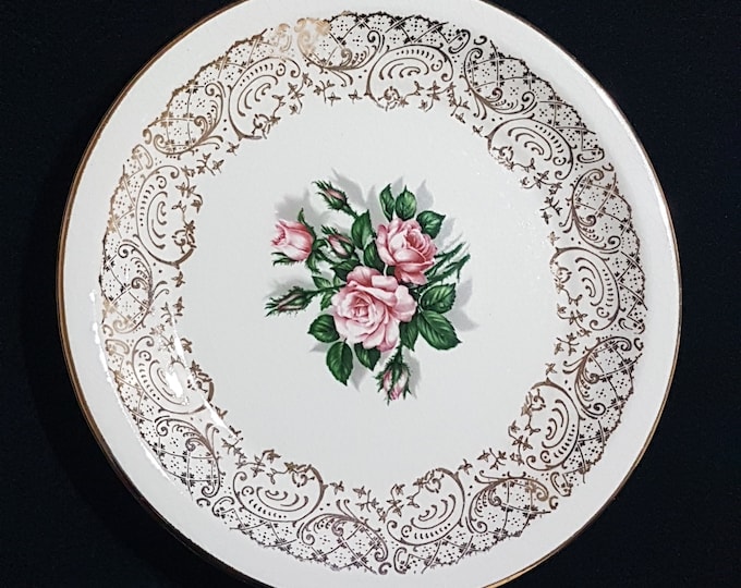 Georgian China TUDOR ROSE, Set of 6 Vintage Dessert Plates, 6.25 Inch, Pink Rose Center, 1960s