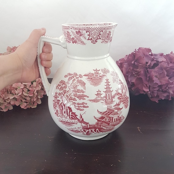 Vintage Red Toile Transferware Wash Basin Pitcher