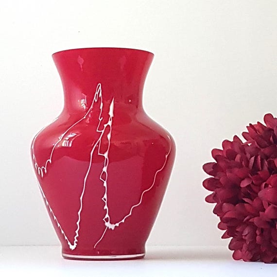 Vintage MCM Red Hand Blown Art Glass Vase White Squiggle Cased Glass Mid Century