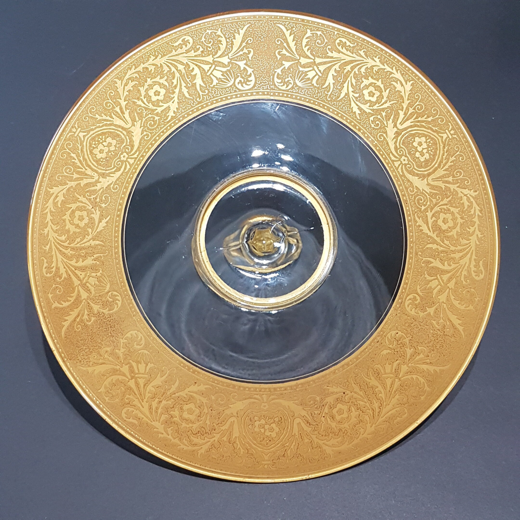 Vintage Clear Glass Single Handle Serving Plate Thick Gold Embossed