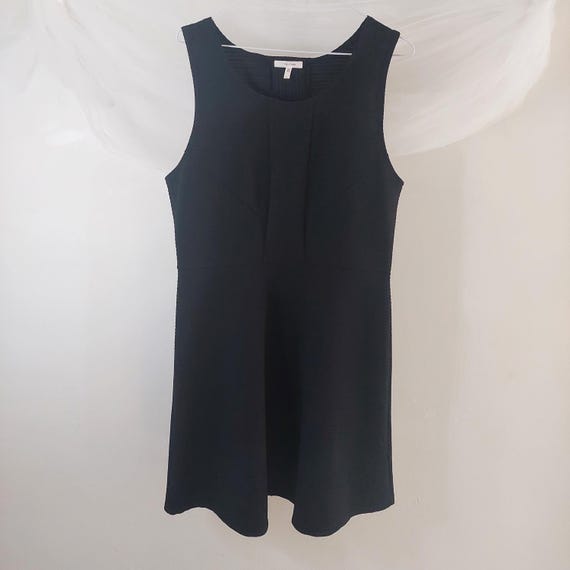 Black Textured Knit Fit and Flare Dress, Sleeveless Pleated Neck Midi, Size Large