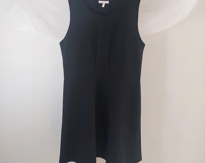 Black Textured Knit Fit and Flare Dress, Sleeveless Pleated Neck Midi, Size Large