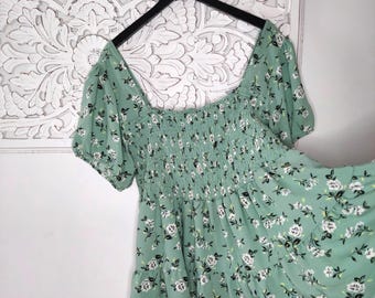 Smocked Babydoll Top Sage Green Floral Print Plus Size 2X