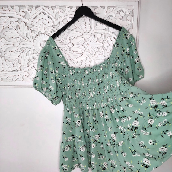 Smocked Babydoll Top Sage Green Floral Print Plus Size 2X