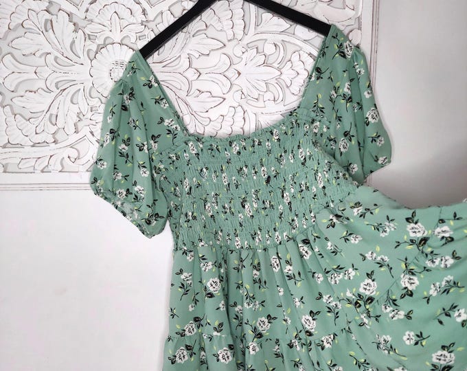 Smocked Babydoll Top Sage Green Floral Print Plus Size 2X