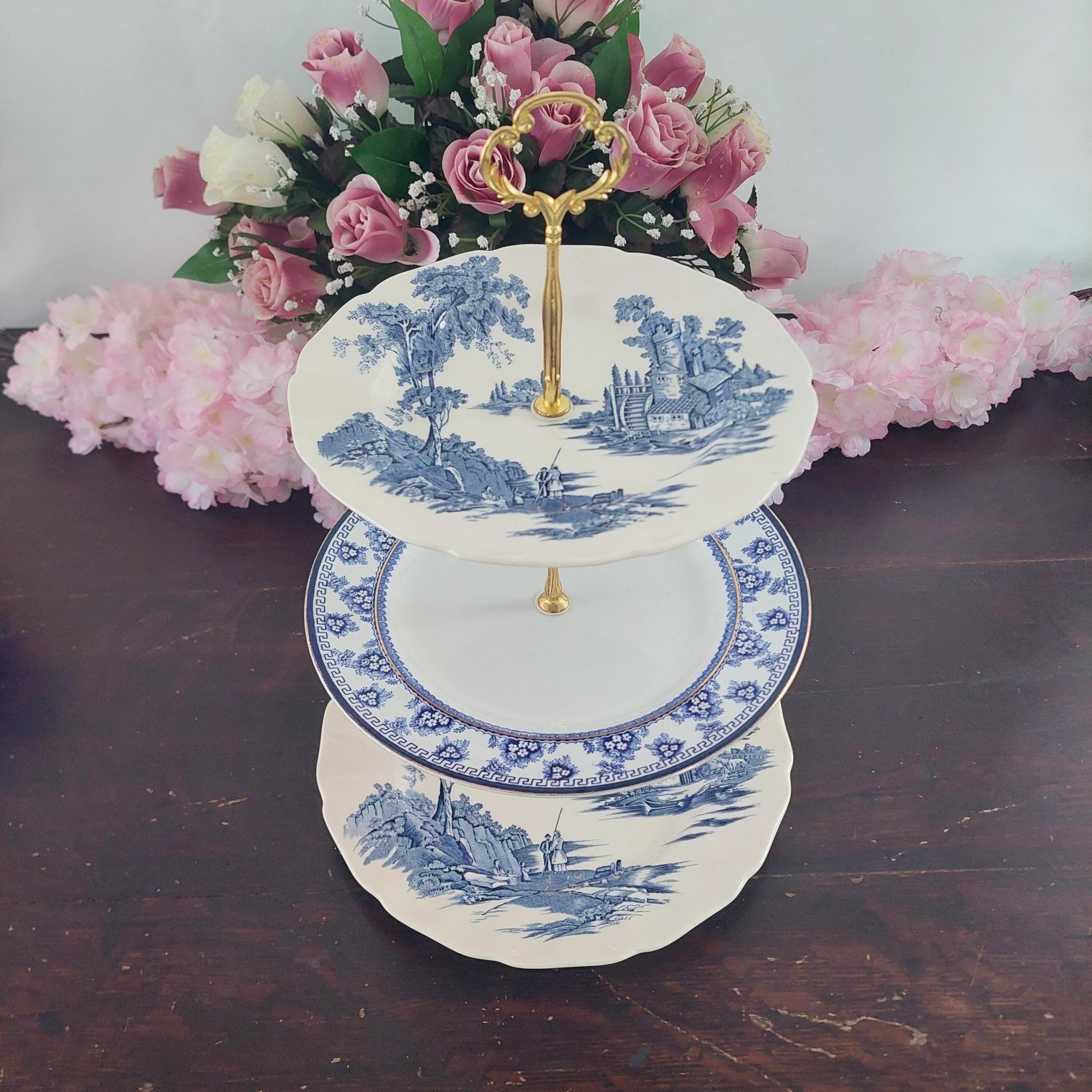 Tier Plates 3 Tier Cake Stand, Blue White Tiered Plates, Bridgerton Dessert Stand ...