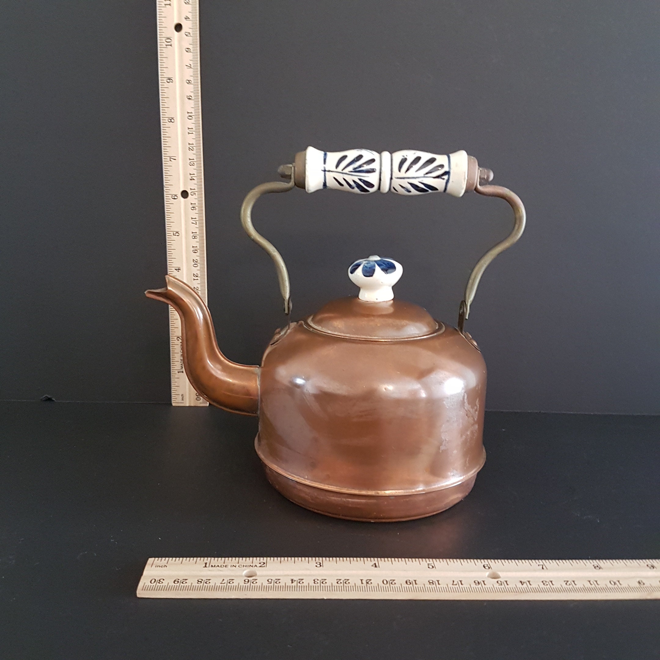 Vintage Copper Tea Kettle with Delft Blue Porcelain Handle & Knob, 5