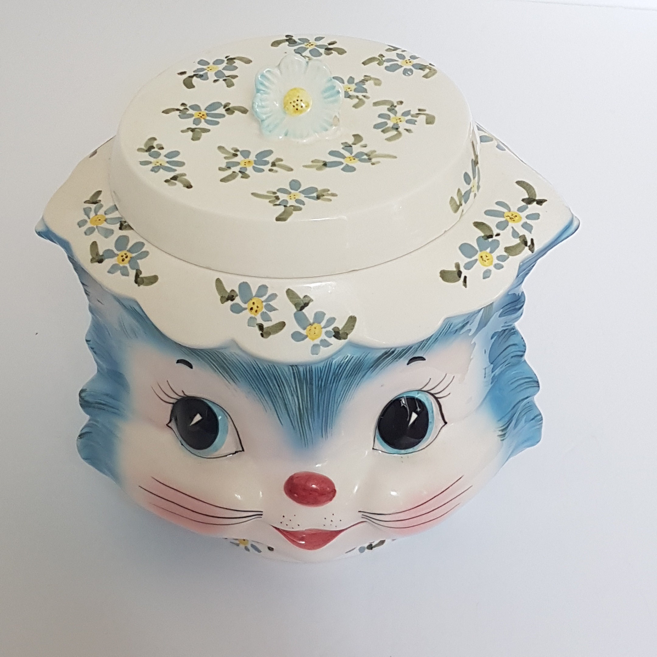 Vintage Lefton MISS PRISS Cookie Jar, Blue Cat With Floral Vintage Lefton MISS PRISS Cookie Jar, Blue Cat With Floral