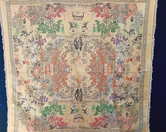 Vintage Chinese Silk Brocade Reversible Tablecloth for Asian Decor