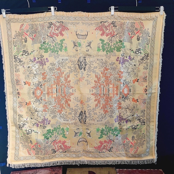 Vintage Chinese Silk Brocade Reversible Tablecloth for Asian Decor