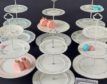 3 Tier Stand Handcrafted Vintage English Bone China Mismatched Silver Edge Tea Server