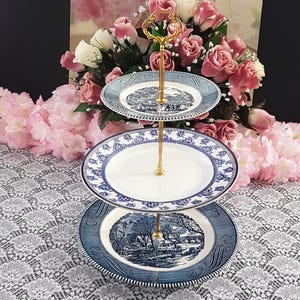 3 Tier Cake Stand Blue and White Tiered Dessert Serving Tray, Wedding Decor