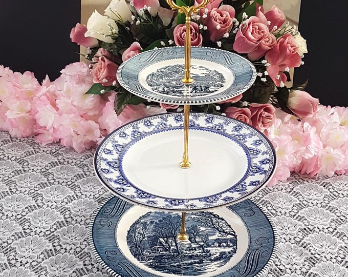 3 Tier Cake Stand Blue and White Tiered Dessert Serving Tray, Wedding Decor