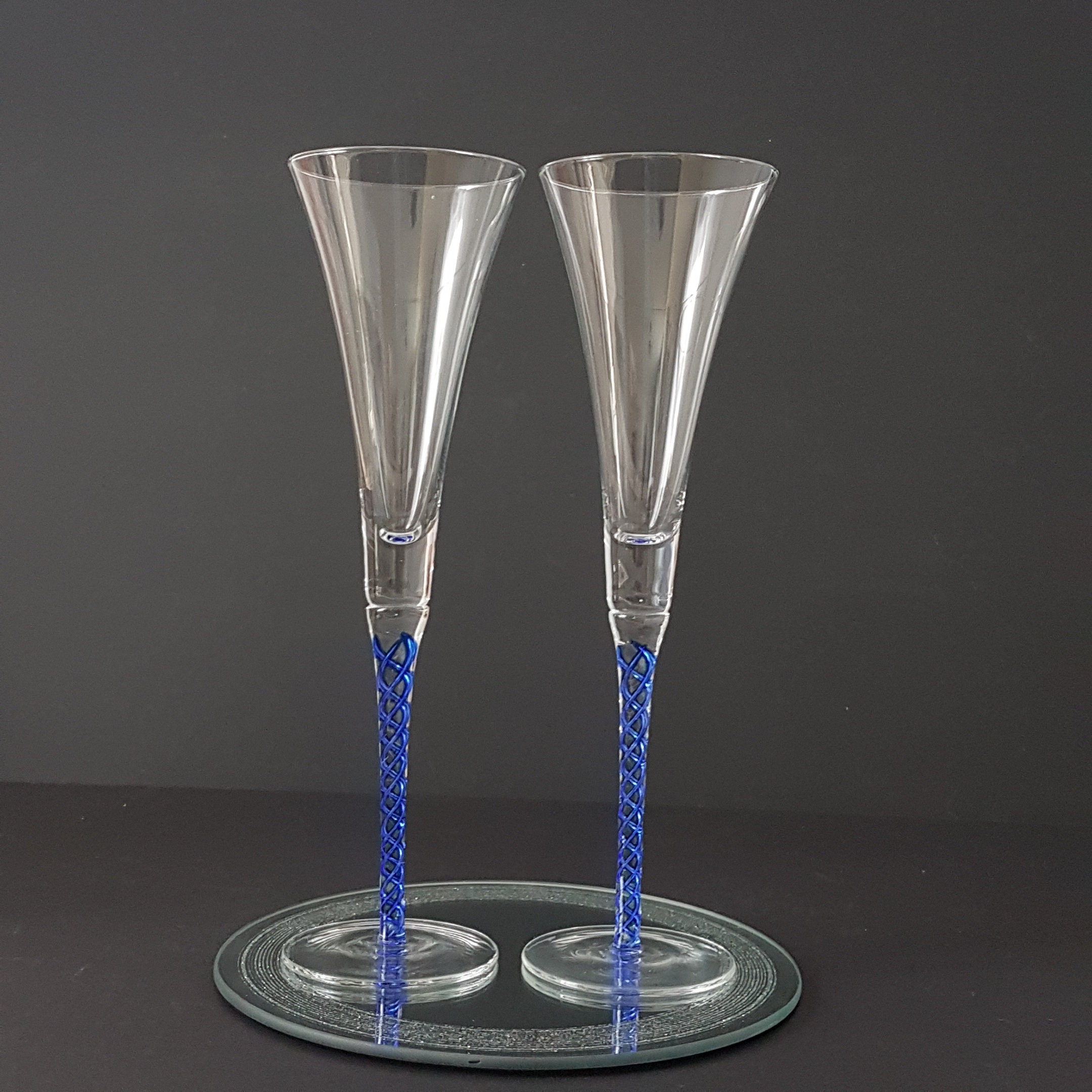 Hand Blown Glass Champagne Flutes with Twisted Blue Stems, Set of 2