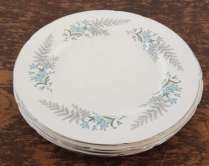 Imperial Fine China England, ROYAL FERN Dinner Plates, Set of 4, Gray Ferns, Blue Flowers, Silver Platinum Edge, Made in England