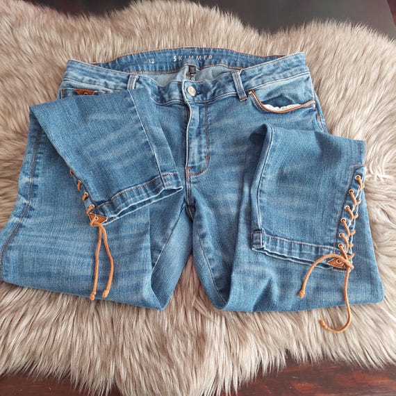 White House Black Market Skimmer Jeans Size 12 - Blue Stretch Denim Lace Up Ankles