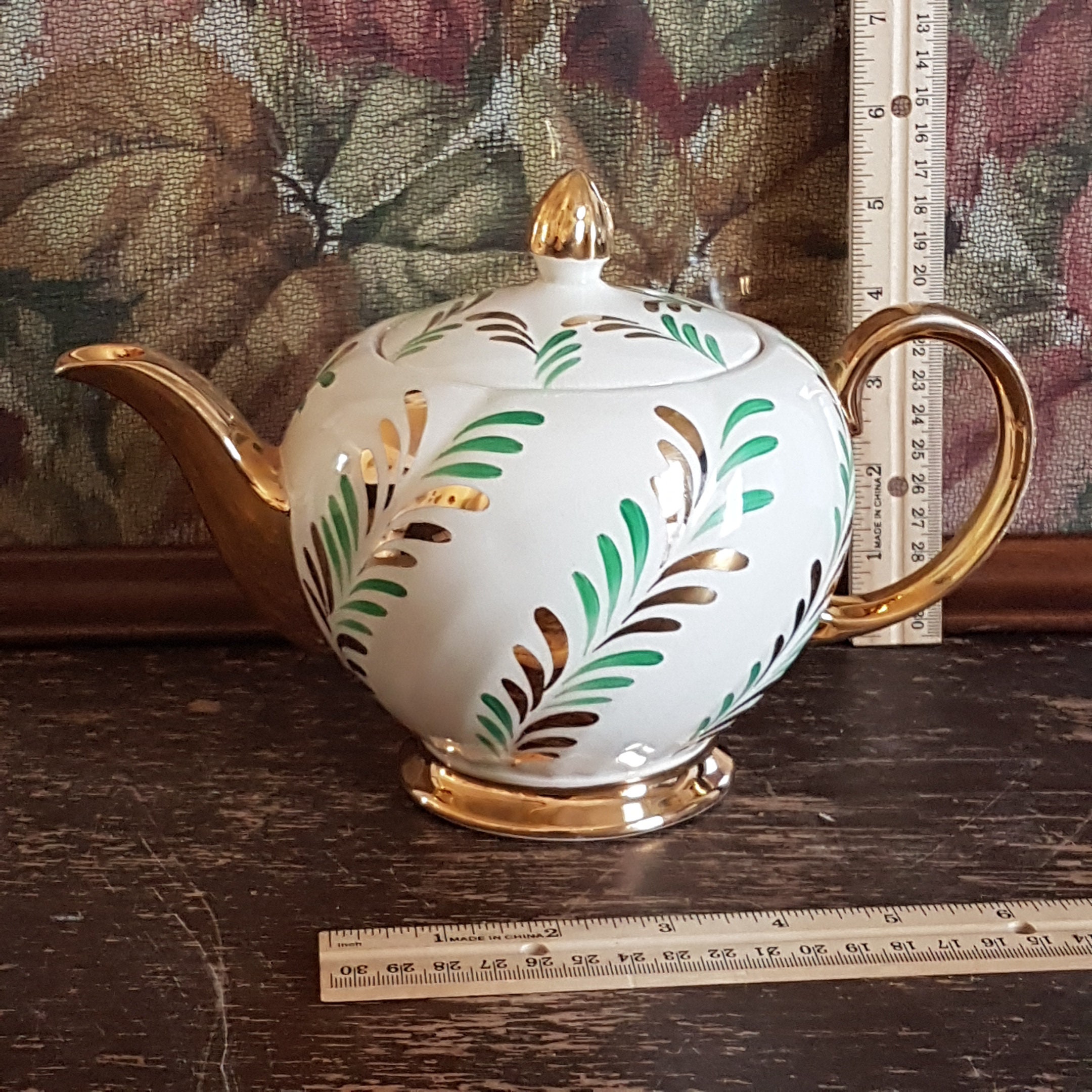 Vintage Ellgreave English Teapot, Full Size, 5 Cup, Hand Painted Green