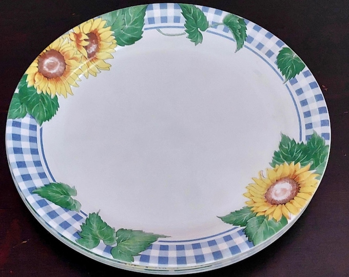 Vintage Corelle Sunsations Dinner Plates Set: Sunflower Blue Check Plaid