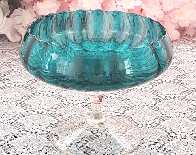 Empoli Teal Glass Bowl Mid Century Modern Blue Italian Art Glass Pedestal Compote Centerpiece